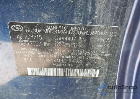 2015 Hyundai Sonata Se from USA, damaged, VIN 5NPE24AF1FH219281